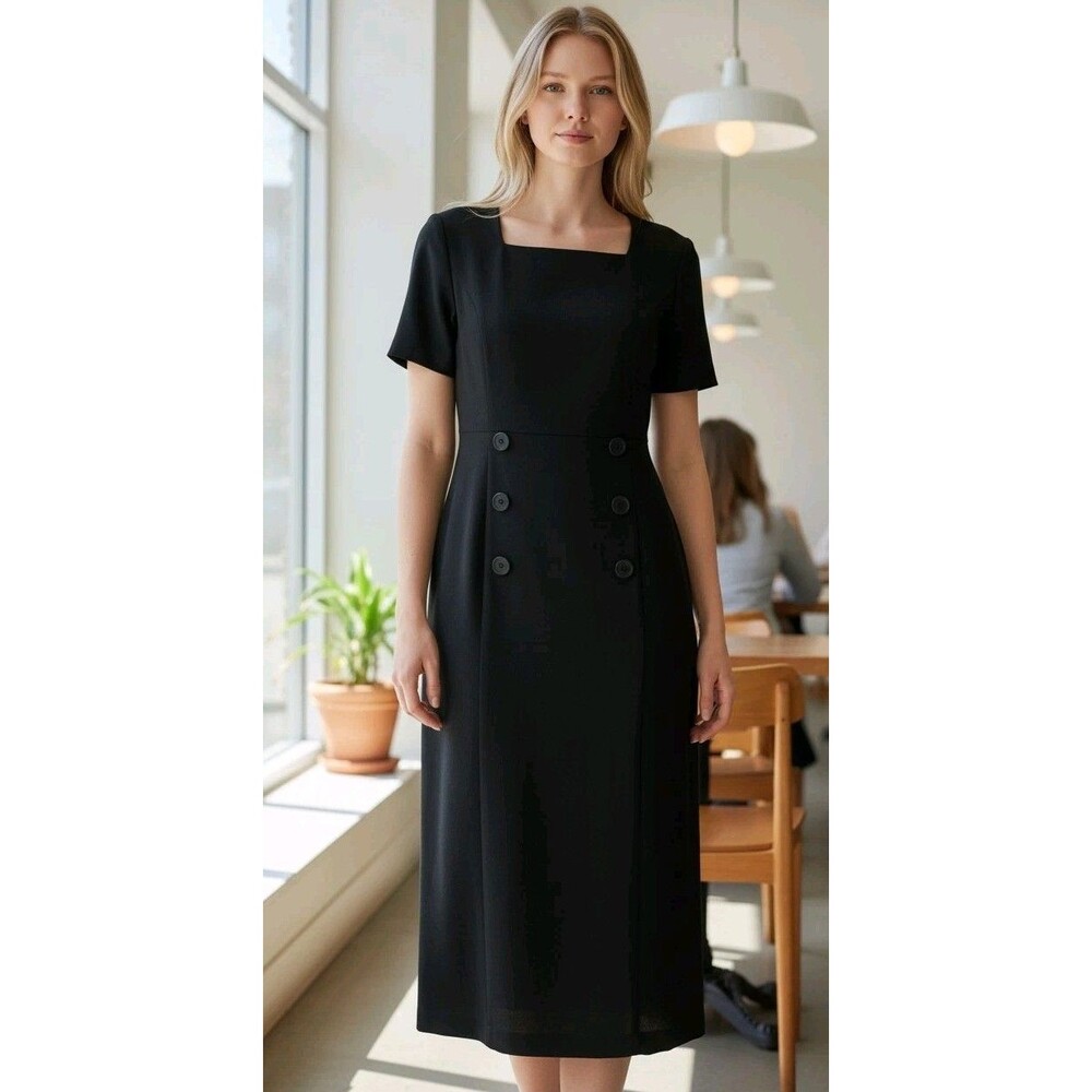 Vintage 80s Black Midi Dress Structured Minimalist Button Detail Career Chic 10